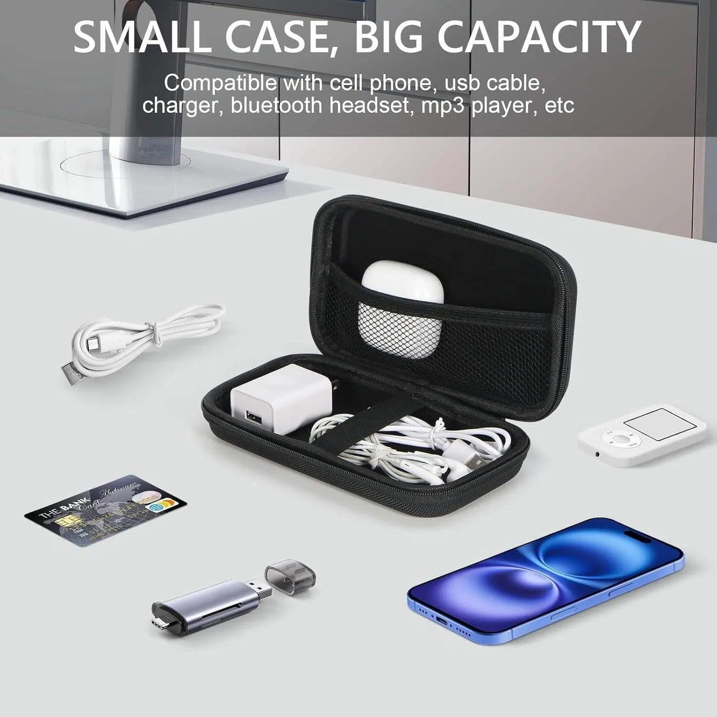 Portable Protection Hard EVA Case for External Battery, Cell Phone, GPS, Hard Drive, USB/Charging Cable, Small Carrying Bag Mesh Inner Pocket, Zipper Enclosure, Universal Travel Pouch Bag