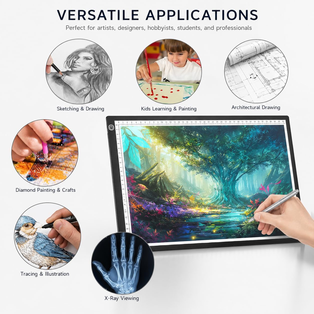 A3 LED Tracing Light Box丨Light Pad - Copy Board with Full-Edge Ruler Frame丨3 Adjustable LED, Premium Acrylic for Art, Drawing, Sketch, Animation, Design, Tattoo, Diamond Painting, X-ray Viewing