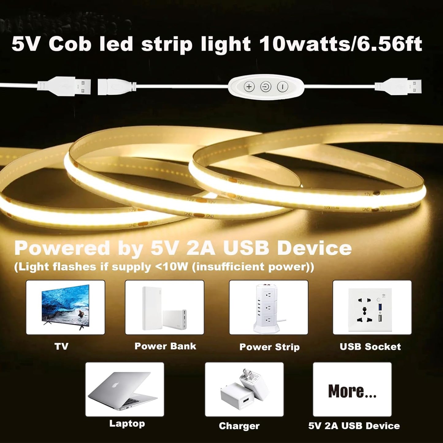 USB Light Strip Warm White 3000K CRI 92+ Small Dimmable COB LED Strip Light Cuttable 5V USB Powered 6 ft 10W for TV Backlight Cabinet Bedroom Indoor DIY Lighting Project