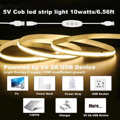 USB Light Strip Warm White 3000K CRI 92+ Small Dimmable COB LED Strip Light Cuttable 5V USB Powered 6 ft 10W for TV Backlight Cabinet Bedroom Indoor DIY Lighting Project