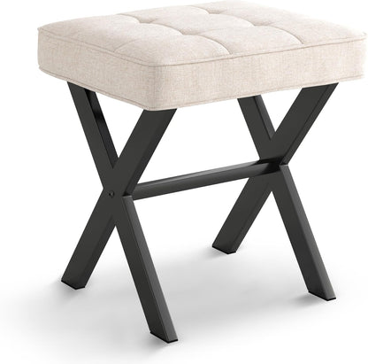 LUE BONA Square Linen Makeup Stool, Metal X Legs, Small Ottoman Stool Chair for Vanity, Modern Padded Seat Foot Rest for Makeup Room, Bathroom
