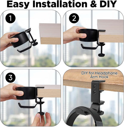 OOKUU 2 in 1 Desk Cup Holder with Headphone Hanger, Anti-Spill Cup Holder for Desk or Table, Easy to Install, Sturdy and Durable, Enough to Hold Coffee Mups, Water Bottles, Headphones