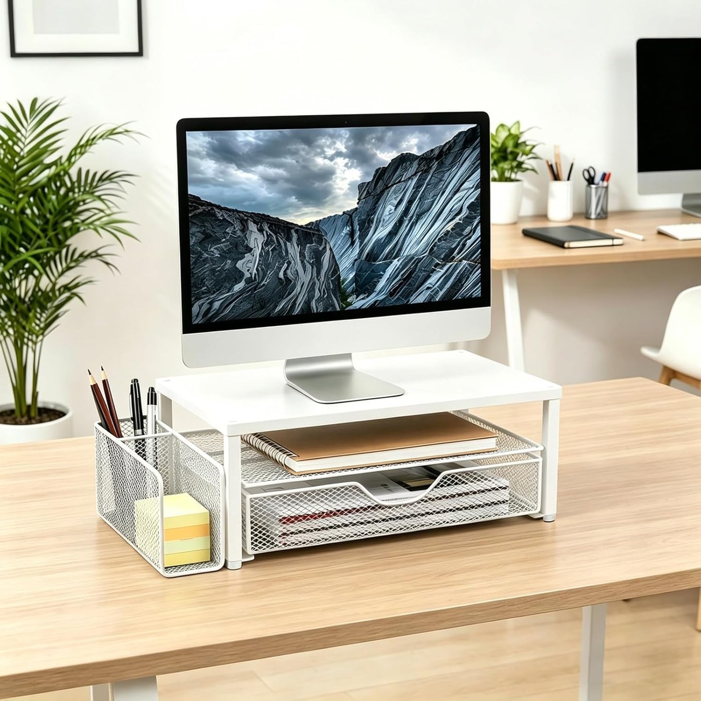 Spacrea Desk Organizer and Accessories, Computer Monitor Stand Riser with Drawer and 2 Pen Holders, Office Desk Accessories & Workspace Organizers for Office Supplies (Wood)