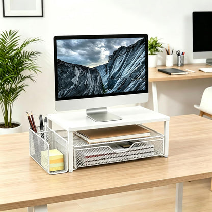 Spacrea Desk Organizer and Accessories, Computer Monitor Stand Riser with Drawer and 2 Pen Holders, Office Desk Accessories & Workspace Organizers for Office Supplies (Wood)