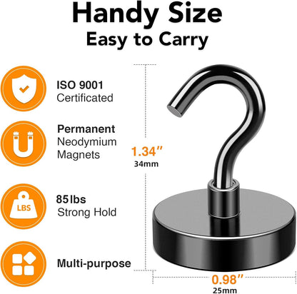 MIKEDE Black Magnetic Hooks 85Lbs Heavy Duty Earth Magnets with Hooks for Cruise Cabin Strong Magnet Hooks for Hanging Super Metal Magnetic Hanger for Grill Fridge Kitchen - Pack of 10