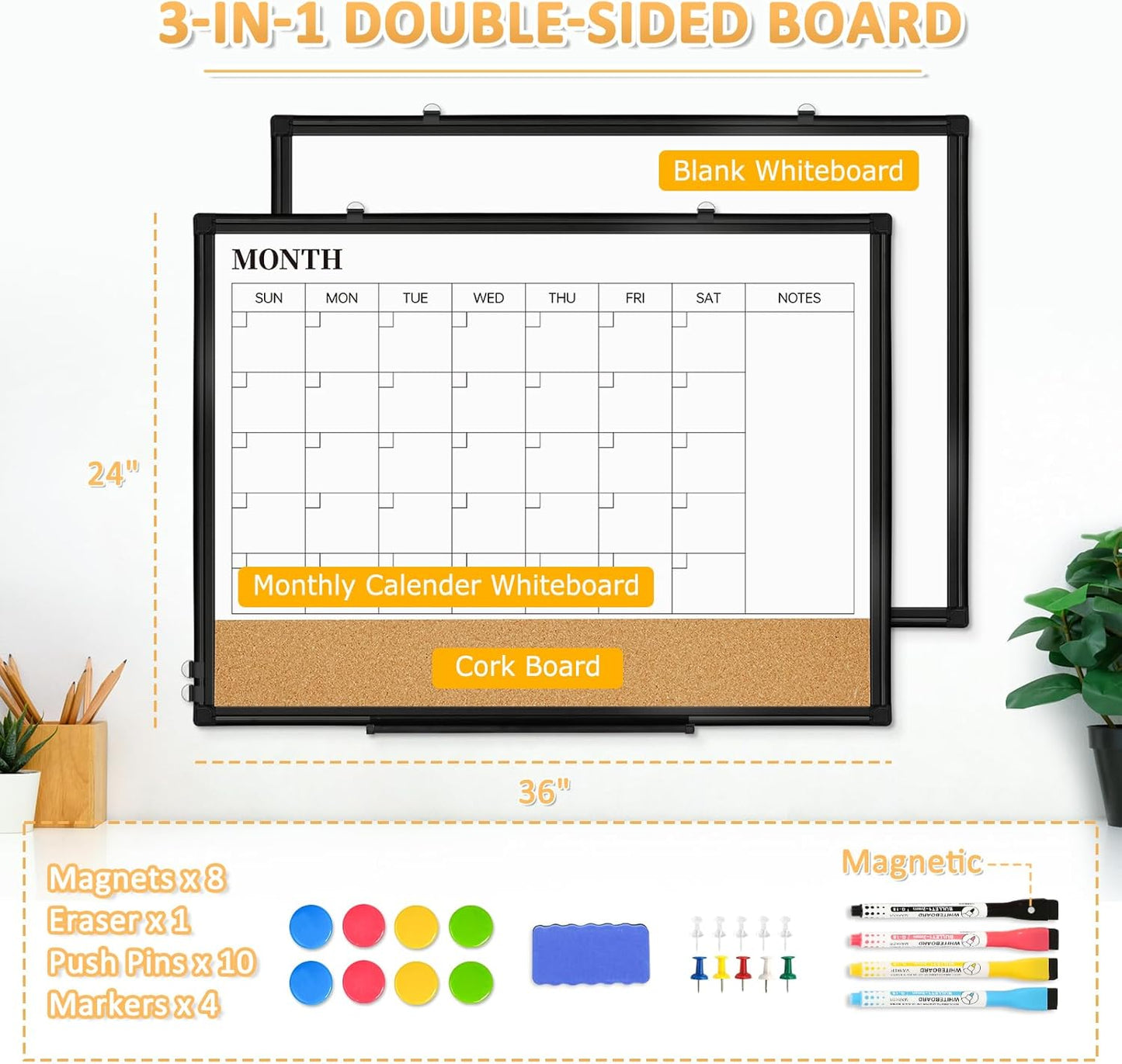 Weekly Calendar Dry Erase Whiteboard for Wall, 24"x18" Magnetic Weekly Planner White Board, Double Sided Hanging Daily Planning Board for Home, Office, School, Kitchen