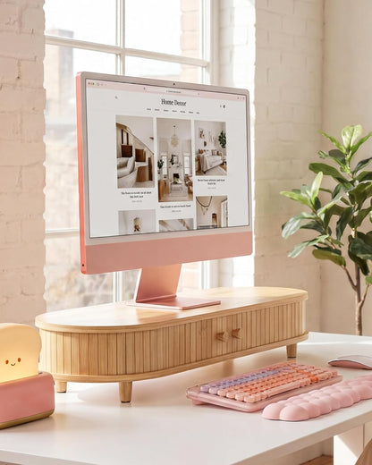 Bamboo Monitor Stand with Storage, Curved Computer Laptop Stand Desk Shelf Organizer with Sliding Doors (25 inch)