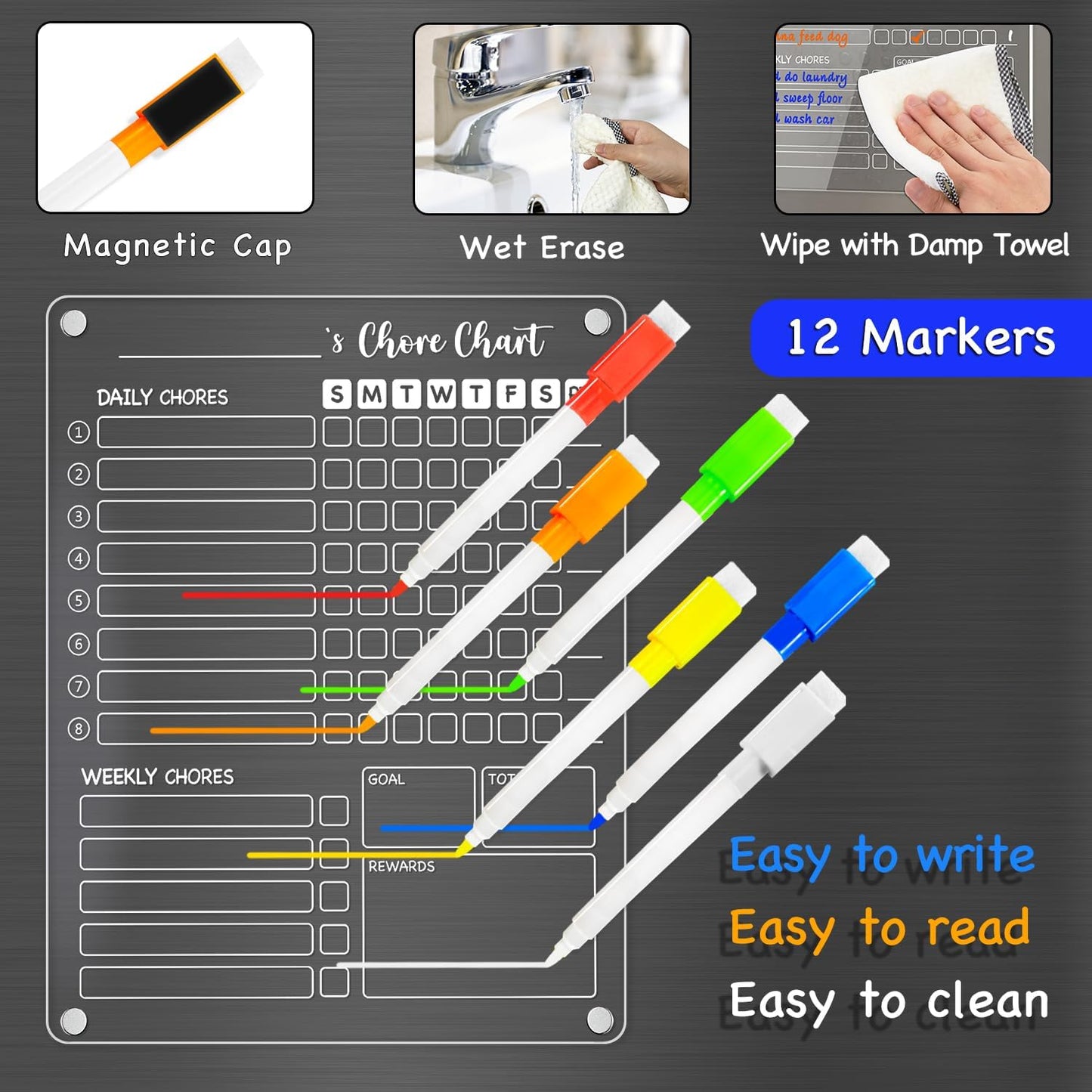 PigPotParty Acrylic Magnetic to Do List Whiteboard for Refrigerator, 12x9.5 Inch Clear Dry Erase Checklist Board, 3-Column Fridge List with Pre-Installed Embedded Magnet, 8 Markers and 1 Towel