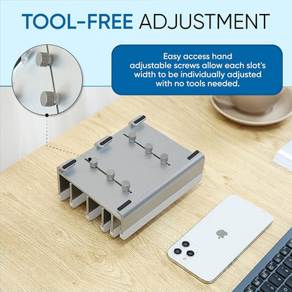 Elestoria 5- Slot Vertical Laptop Stand - Aluminum Laptop Stand Vertical for Desk - Adjustable Width (12-38mm) Fits MacBook Pro/Air, Surface & Gaming Laptops upto 17.3"-Heavy Duty Laptop Holder-Silver