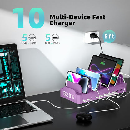 420W Charging Station for Multiple Devices, Zobirez 10-Port USB C Fast Charger Stations for MacBook, iPhone, Android Cell Phone, iPad, Tablet, Family Multi-Device Organizer Charging Dock, White