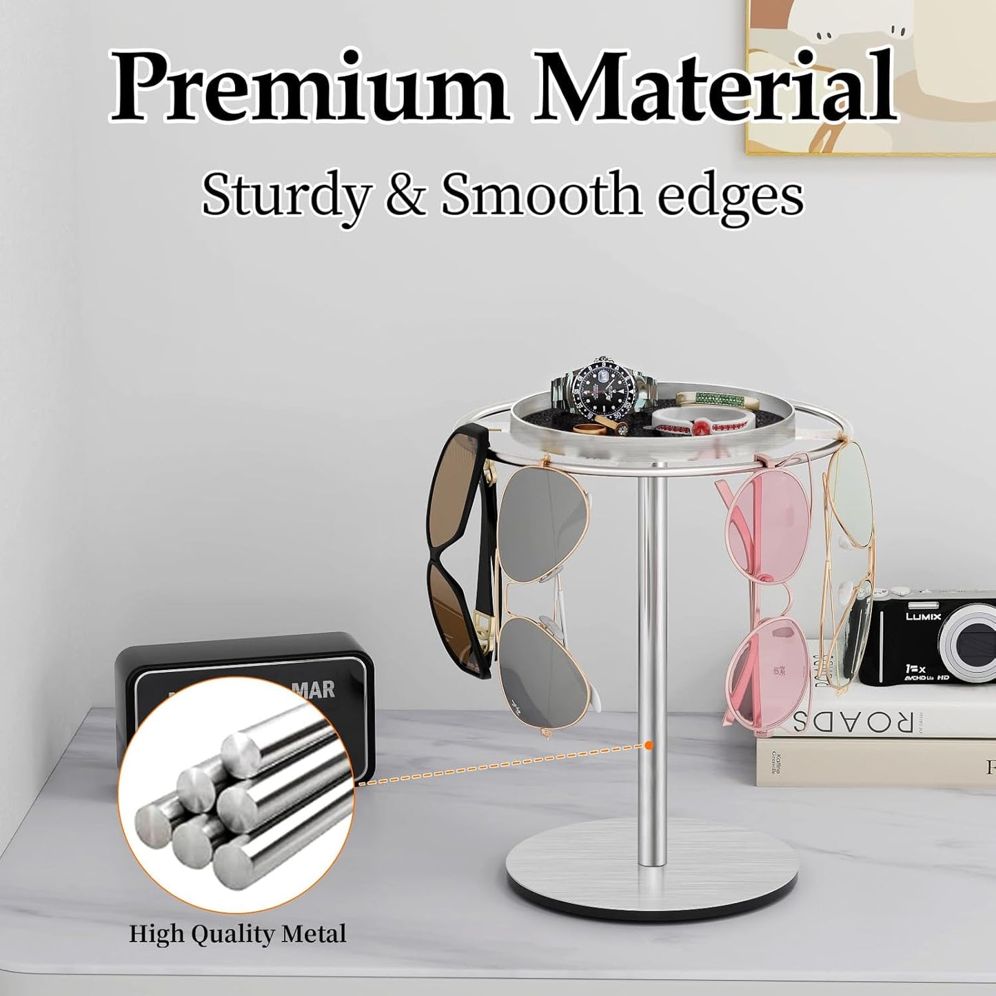 LSK Metal Sunglasses Organizer, Glasses Holder Stand with Storage Tray, Eyeglasses Holder with Anti-Slip Pads for Tabletop, Desk, Dresser, Matte Black