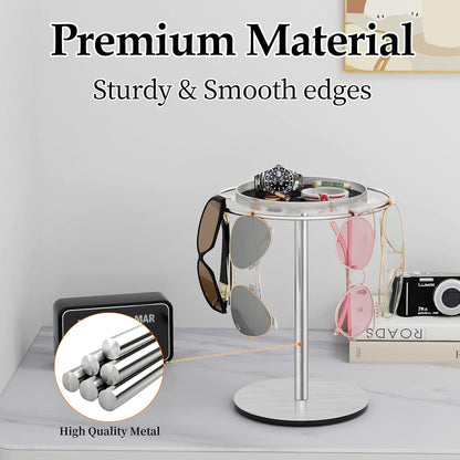 LSK Metal Sunglasses Organizer, Glasses Holder Stand with Storage Tray, Eyeglasses Holder with Anti-Slip Pads for Tabletop, Desk, Dresser, Matte Black