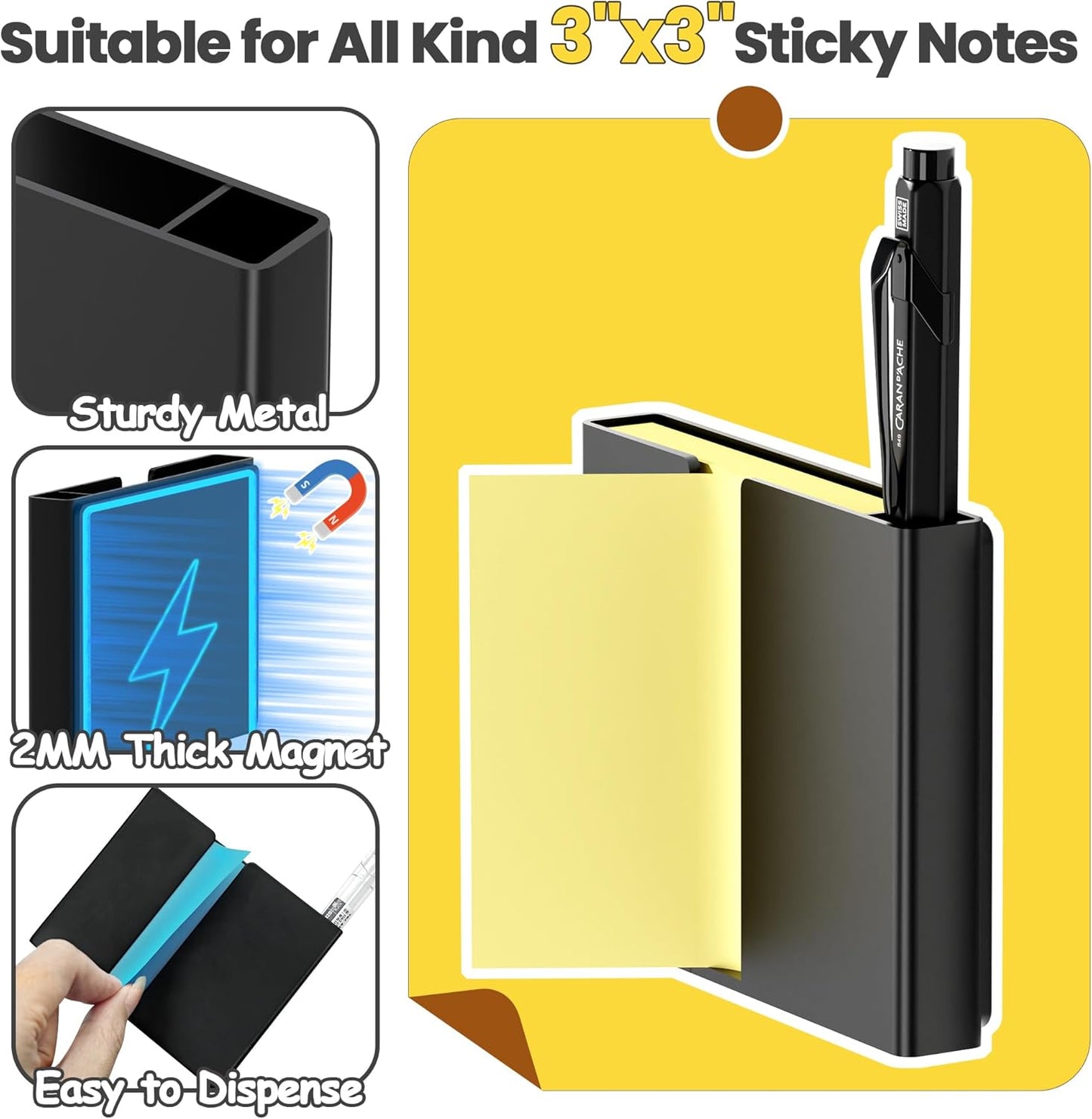 Sticky Note Dispenser, Magnetic Sticky Note Holder for Post It Notes, 3 x 3 Inch Sticky Note Pen Organizer for Office Home Classroom, Black