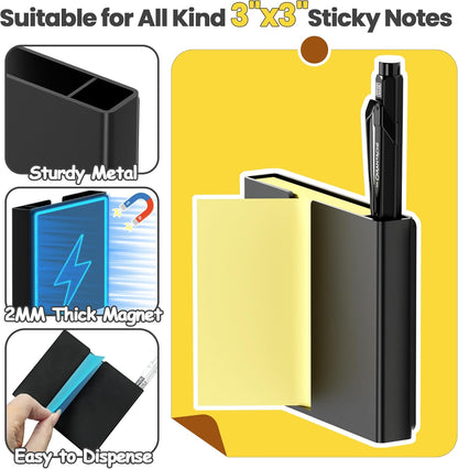 Sticky Note Dispenser, Magnetic Sticky Note Holder for Post It Notes, 3 x 3 Inch Sticky Note Pen Organizer for Office Home Classroom, Black