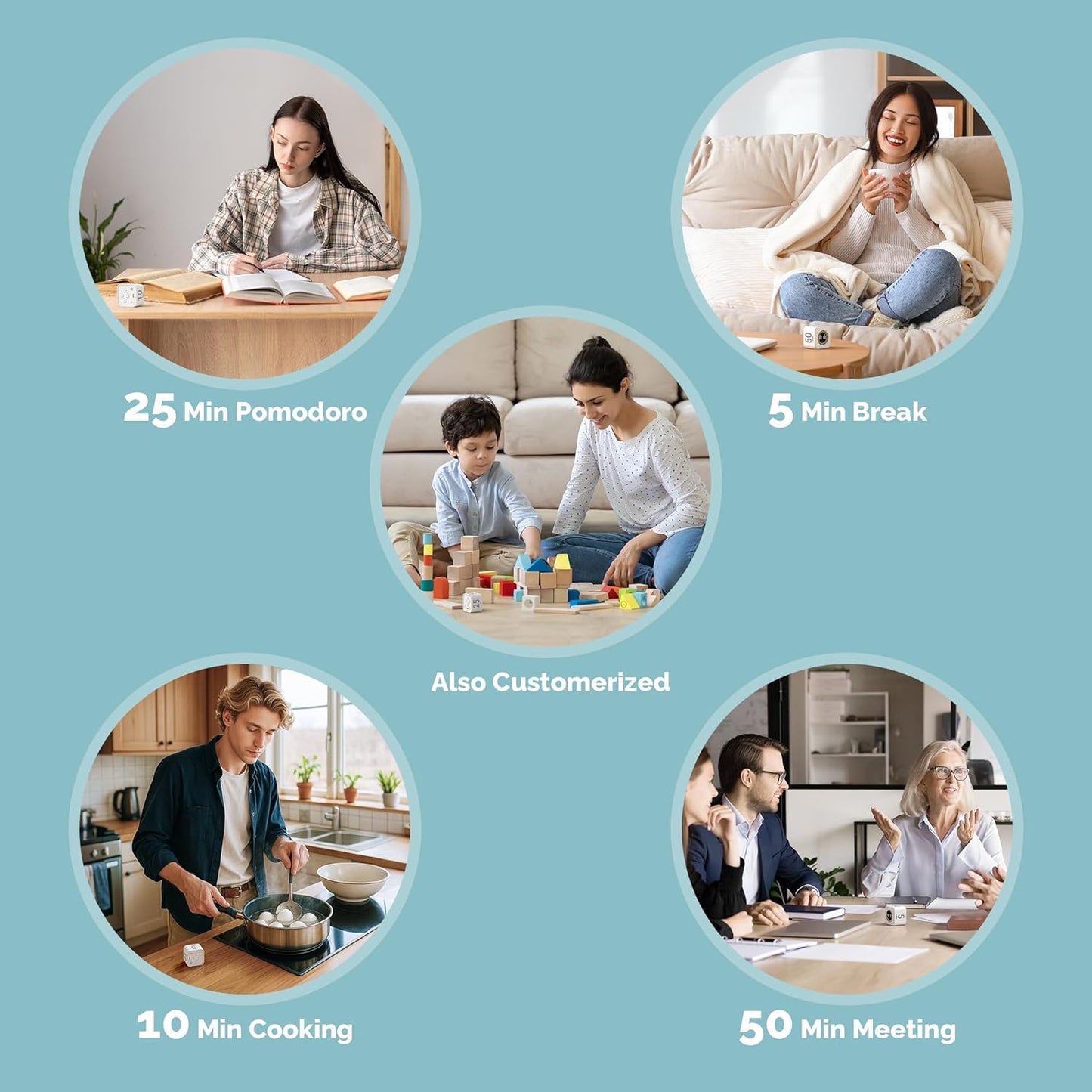 KADAMS Pomodoro Timer Visual - Productivity Pomodoro Cube, 5/10/25/50 Min Countdown & Countup, Silent – Ideal for Work Study Cook Workout Kitchen School Classroom Office ADHD Gift Kids (1, Black)