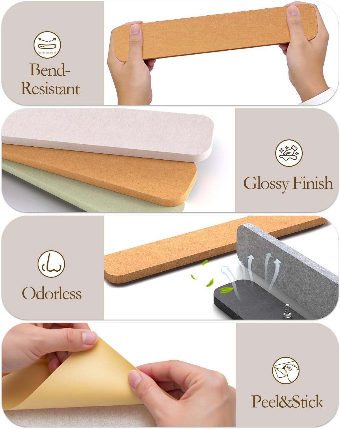 JBER Felt Strip Board 5 Pack 13"x2", Cork Board Alternative Pin Bulletin Board, Self-Adhesive Vision Board with 25 Push Pins for Walls, Office & Home Decor(Light Camel)