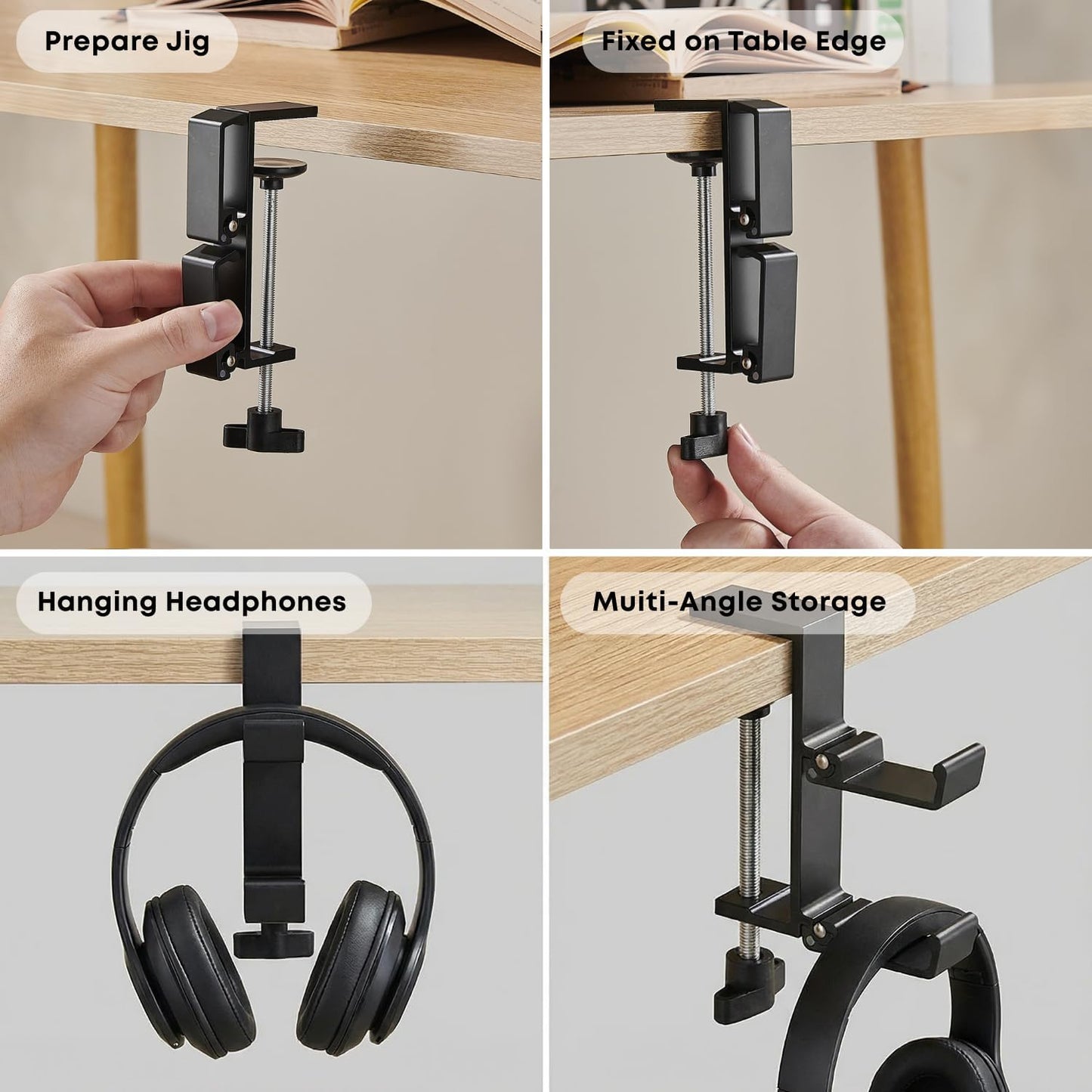 JAKO Headphone Stand for Desk, 3 Hooks Aluminum Alloy Headphone Holder (1 Foldable+2 Fixed) Space Saving Headset Stand Hook, Universal Fit PC Gaming Headsets Holder Desk Clamp for Office/Game Table