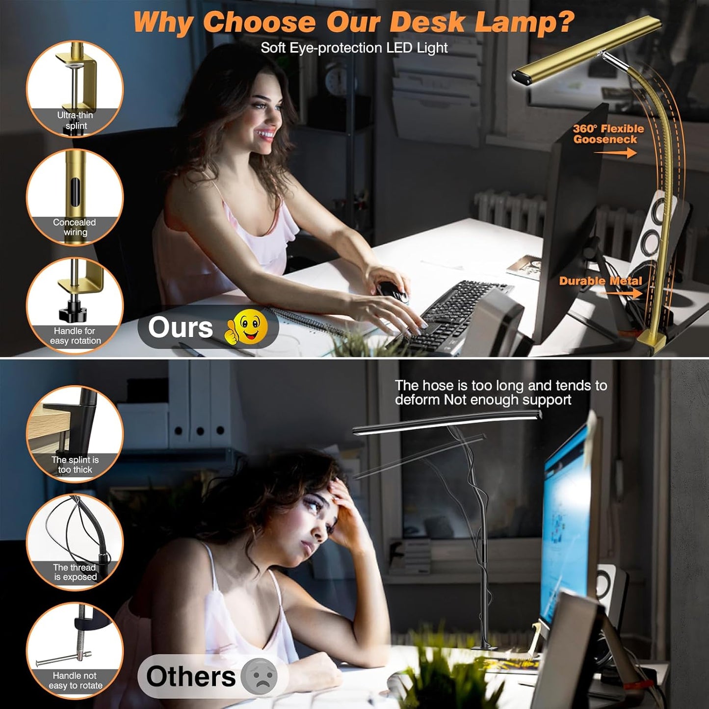 Airlonv LED Desk Lamp for Office Home, Eye-Caring Desk Light with Stepless Dimming Adjustable Flexible Gooseneck, 10W USB Adapter Desk Lamp with Clamp for Reading, Study, Workbench (Black)