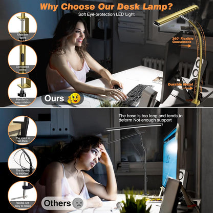Airlonv LED Desk Lamp for Office Home, Eye-Caring Desk Light with Stepless Dimming Adjustable Flexible Gooseneck, 10W USB Adapter Desk Lamp with Clamp for Reading, Study, Workbench (Black)