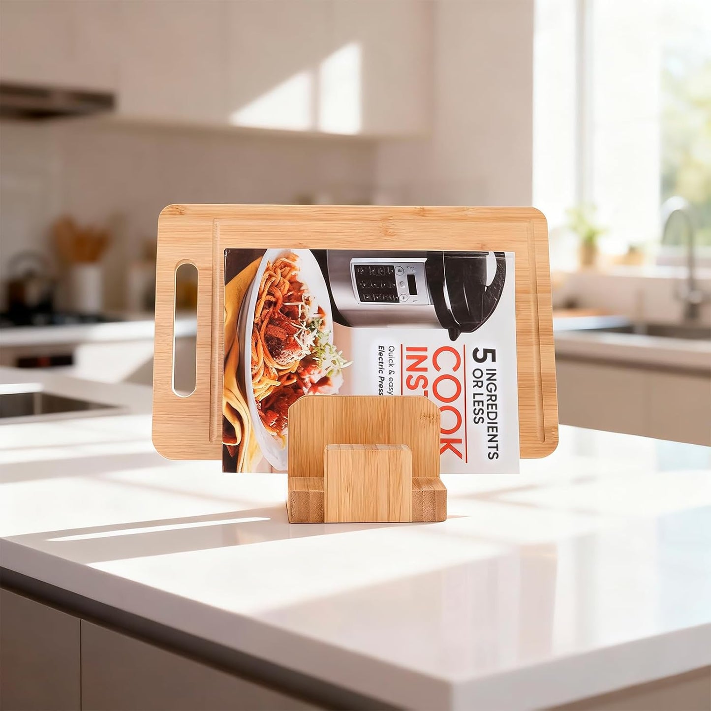 Donxote Bamboo Cutting Board Organizer Rack - Pot Lid, Baking Pan, Bakeware & Knife Holder, Cabinet and Countertop Storage Stand for Kitchen, Dish, Plate, and Cookbook