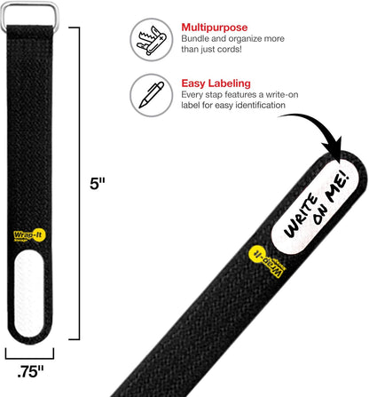 Wrap-It Storage Cinch-Straps, 5-in (20-Pack) Black - Hook and Loop Strap with Write on Label for Easy Cord Identification and Cable Management