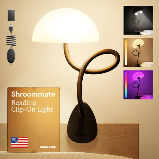 Shroommate Clip On Light and Bed Headboard Lamp, Bedside Table Lamp for Dorm, College Dorm Room Essentials, Night Light for Kids Nursery, Clip on for Desk, MultiColor LEDs, Adapter Included (White)