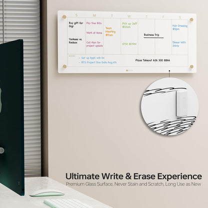 Glass Golden Weekly Dry Erase Calendar & Menu Whiteboard for Wall, Meal Planning & Grocery Shopping List White Board for Kitchen, 15x11, 7 Days Planner for Home, 4 Wet Erase Markers Included, Yeoux*