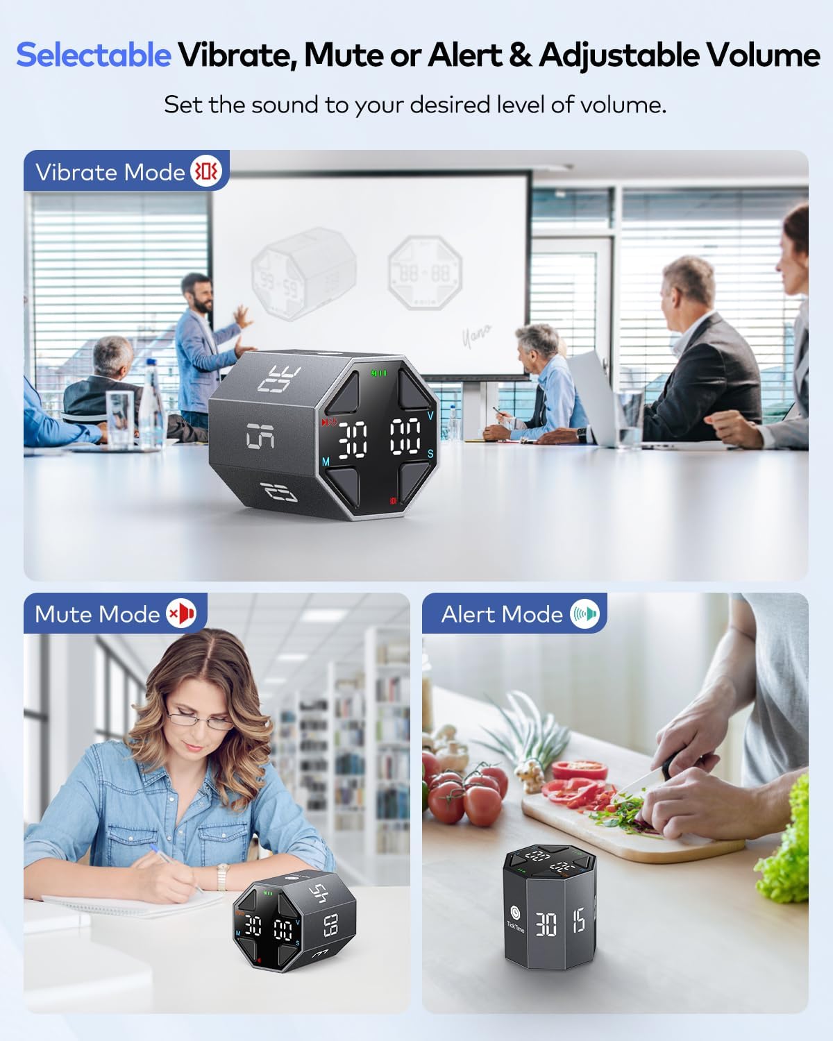 Ticktime Pomodoro Timer Cube, Custom Pomodoro, Pause & Resume, Silent, Vibrate & Adjustable Sound Alert, for ADHD, Task, Work, Study, 3/5/10/15/30/45/60min & Custom Countdown, Blue
