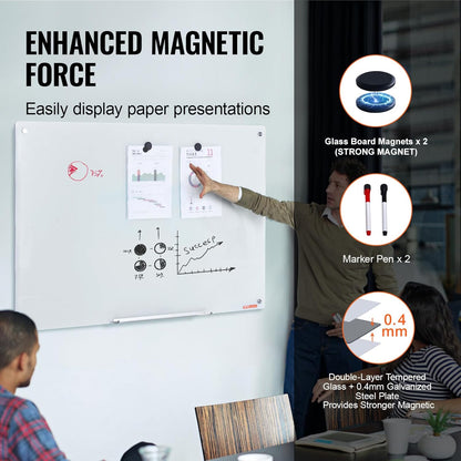 VEVOR Magnetic Glass Whiteboard, Dry Erase Board 36"x24", Wall-Mounted Large White Glassboard Frameless, with Marker Tray, an Eraser and 2 Markers, Black