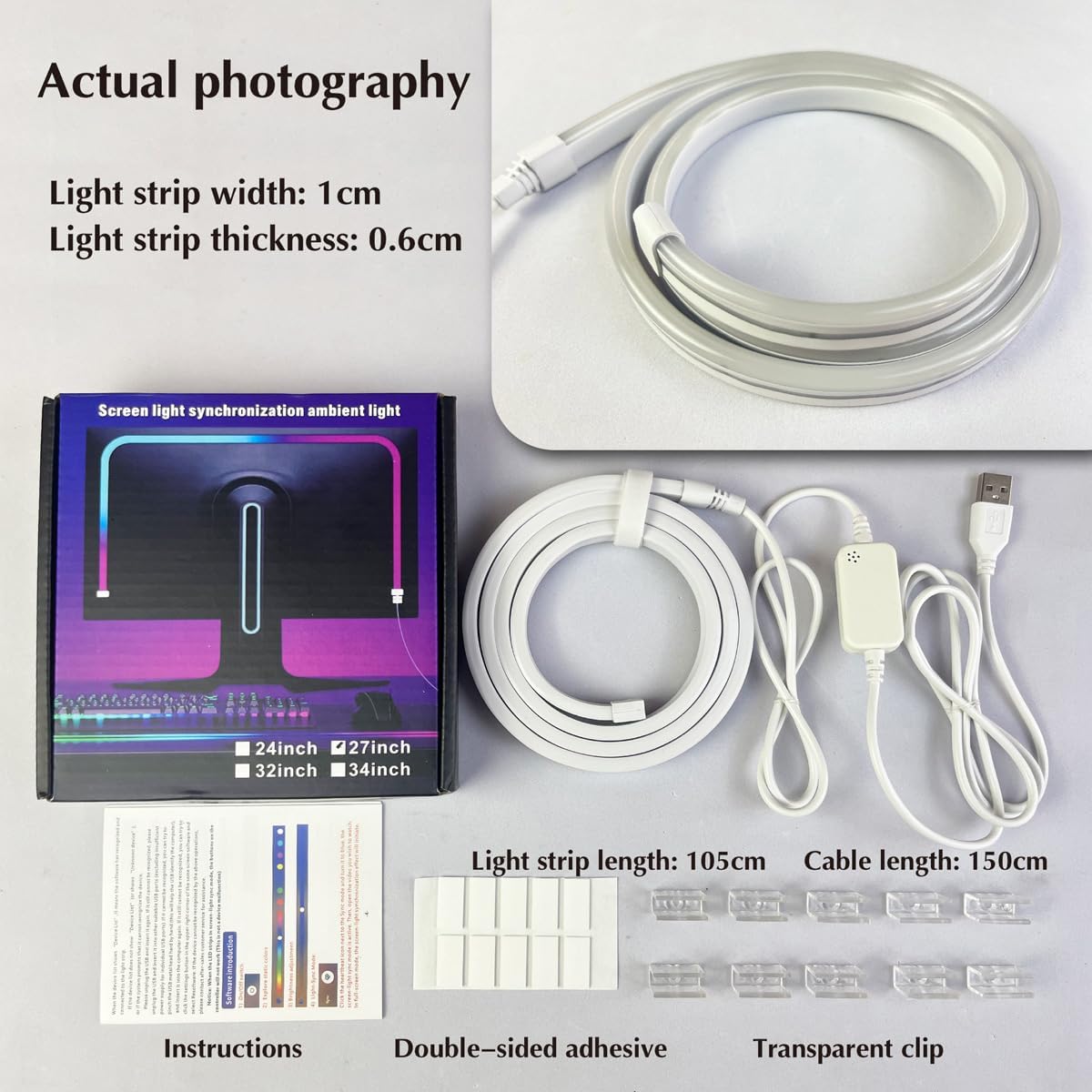 Monitor LED Backlights, LED Strip Light Sync with Screen Color/Music, Computer Light Bar Behind Screen, for PC/Mac, LEDs for Desk Gaming, USB Interface,Software Control (24 inch)
