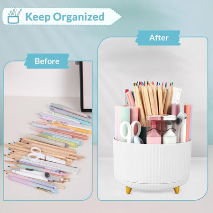 SKYDUE 360 Rotating Plastic Desk Pen Organizer with 5 Slots, Dual-Purpose Art Supply Pencil Cup for Office, School, Home