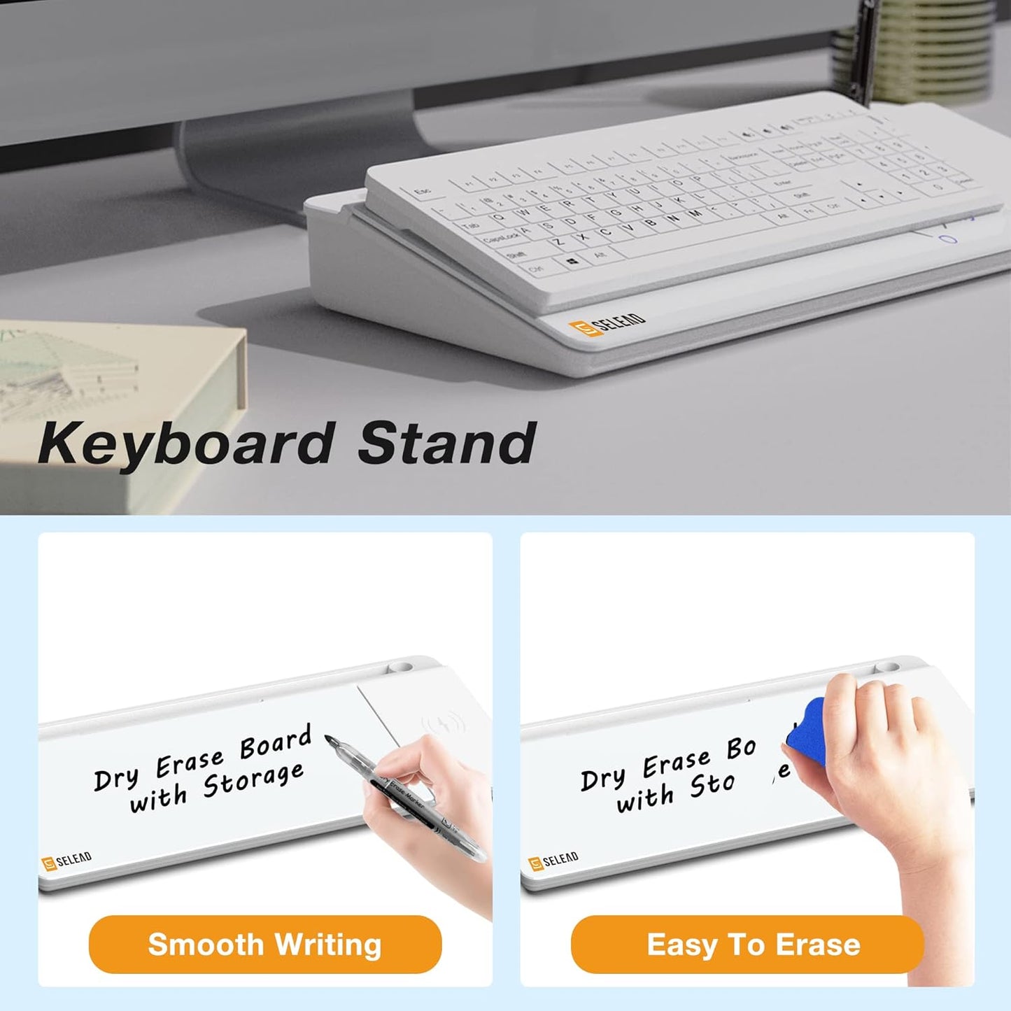 SELEAD Desktop Glass Whiteboard with Wireless Charger Station, Dry Erase Board Computer Pad Keyboard Stand with Organizer for Home, School, Office Desk Accessories, Black