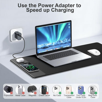 Wireless Charging Mouse Pad with Foldable Phone Holder, 31.5"x15.8" Large Desk Mat for Laptop/Keyboard, Waterproof Ultra-Smooth Surface, Non-Slip Base, Black