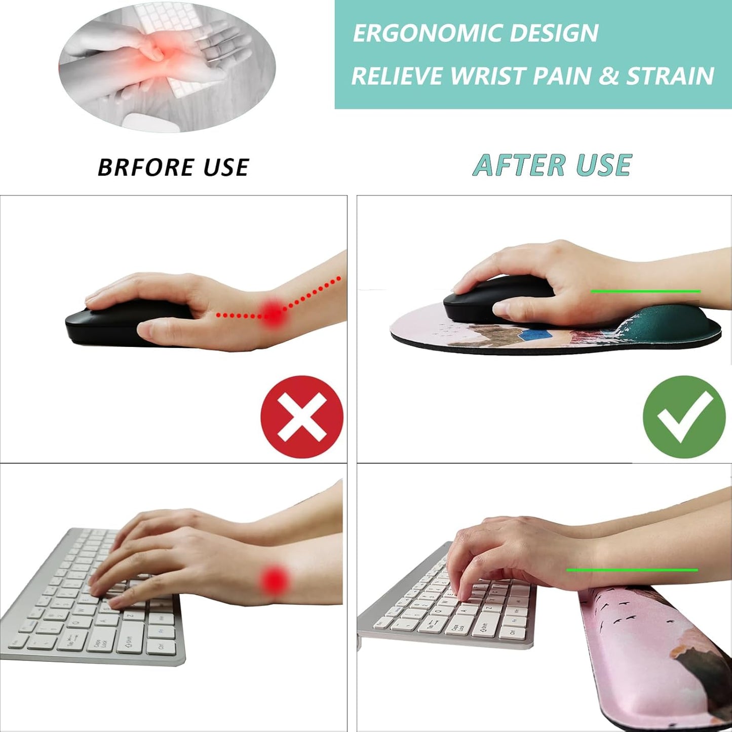 Keyboard Wrist Rest Pad Mouse Pad with Wrist Support Set of 3, Mousepad with Non-Slip Rubber Base, Ergonomic Memory Foam Mouse Wrist Cushion Support for Home Office Laptop Computer Gaming, Forest