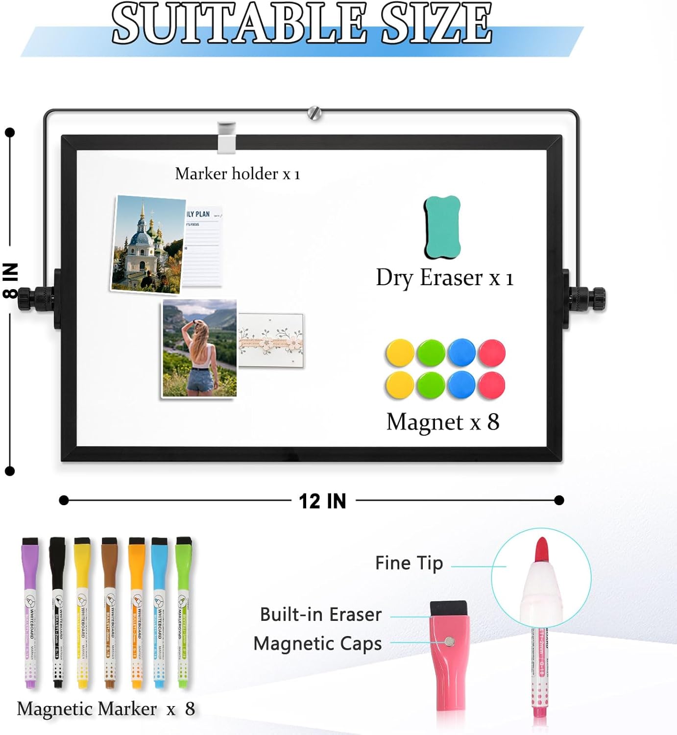 Dry Erase Magnetic White Board, 16" x 12" Double-Sided Desktop Whiteboard with Stand, Portable Small Whiteboard Set for Drawing, Office, Home