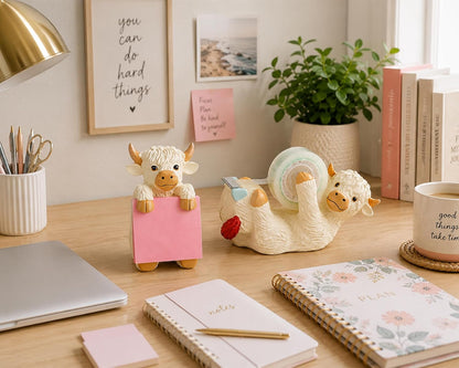 Highland Cow Pop-up Sticky Note Dispenser, Includes 1 Pad of 3x3 in Super Sticky Notes, 100 Sheets, Resin Cute Handmade Desk Holder for Office & Home-Beige