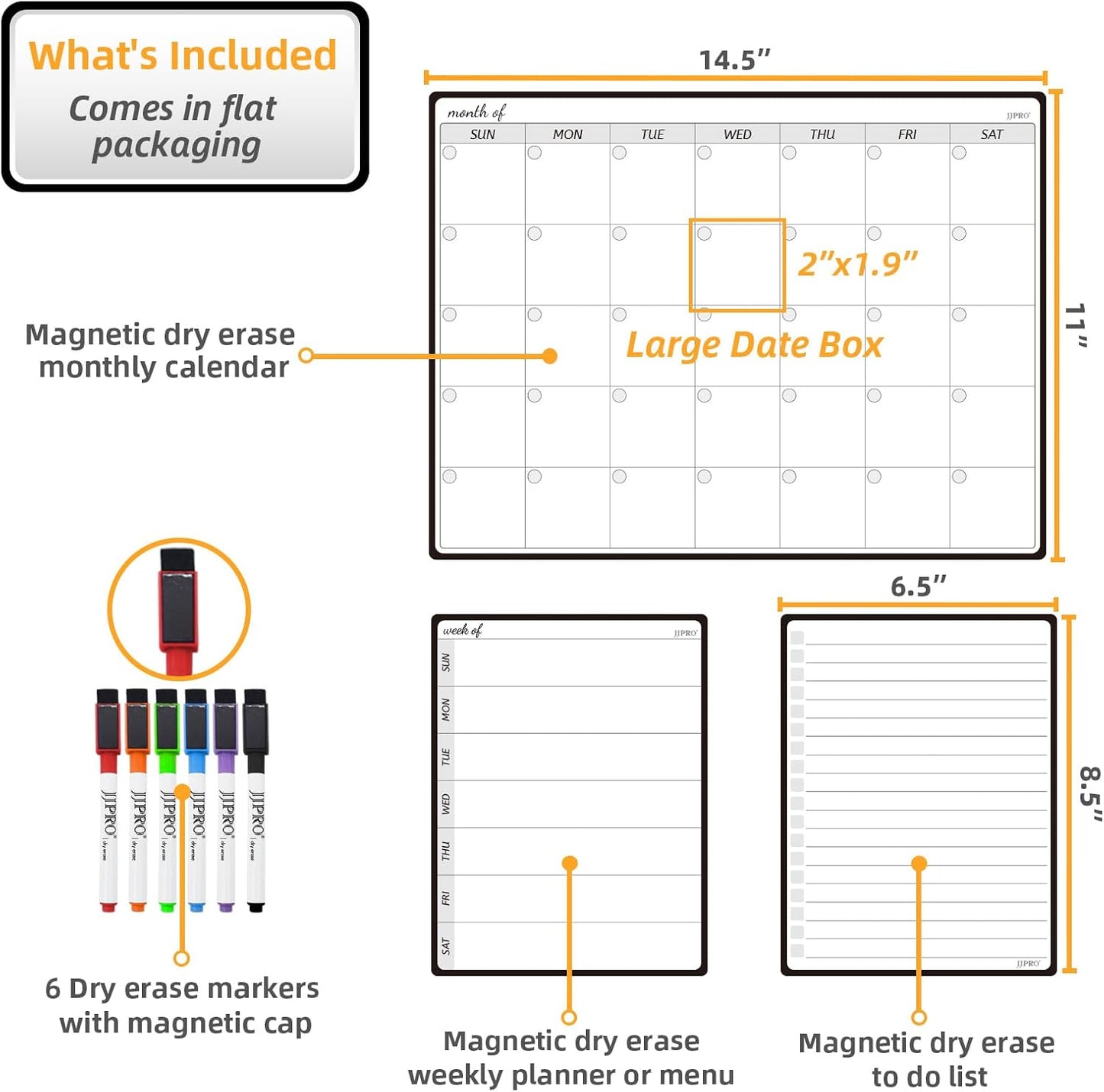 JPRO Magnetic Weekly Calendar and to Do List for Fridge - 8.5" x 6.5" Weekly Meal Planner for Refrigerator and Dry Erase Daily to-Do List -6 Markers Included!