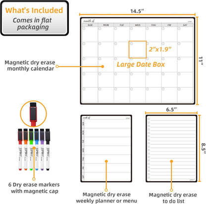 JPRO Magnetic Weekly Calendar and to Do List for Fridge - 8.5" x 6.5" Weekly Meal Planner for Refrigerator and Dry Erase Daily to-Do List -6 Markers Included!