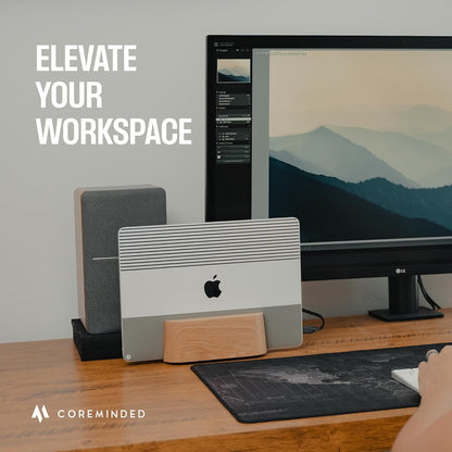 COREMINDED Adjustable Dual Vertical Laptop Stand for Desk, Wooden Laptop Holder, MacBook Pro Stand, Wood Mac Air Dock