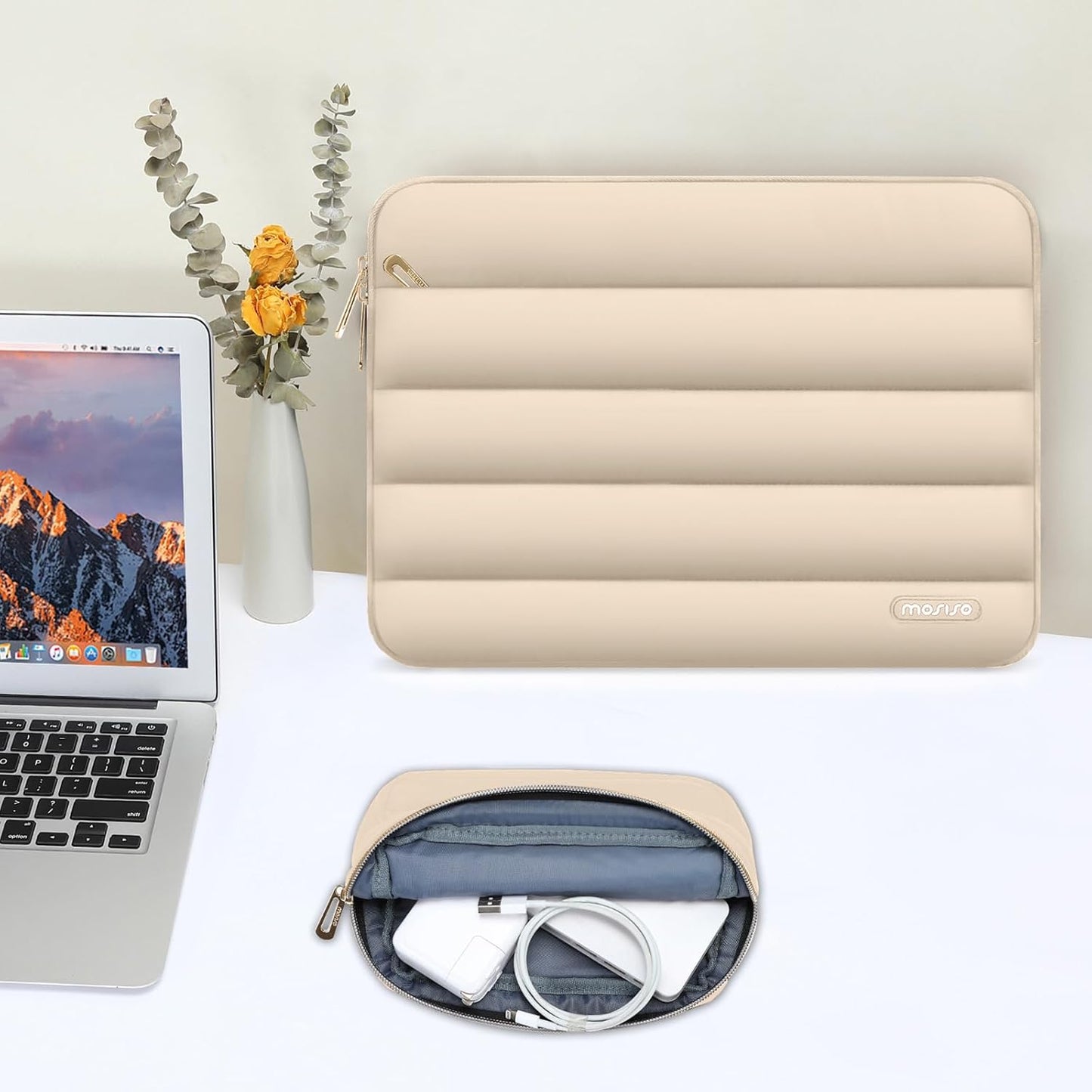 MOSISO Laptop Case 13.3 inch,13-13.3 inch Puffy Laptop Sleeve Compatible with MacBook Neo/Air 13.6 M5 M4 M3 M2 M1/Pro 13/14,HP Dell ASUS Lenovo,Polyester Horizontal Bag with Small Case, Sand