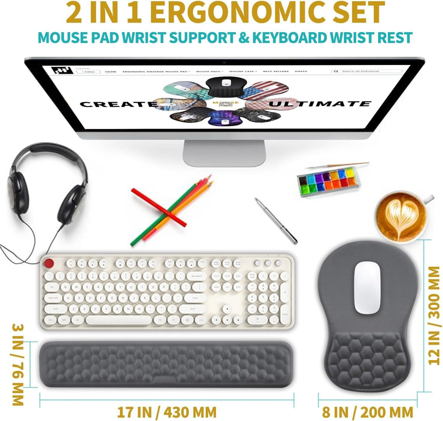 Hokafenle 2 in 1 Ergonomic Mouse Pad Wrist Support & Wrist Rest for Computer Keyboard Set, with Relieve Carpal Tunnel Pain Massage Bulge and Full Memory Gel Design (2In1 Set, Black)
