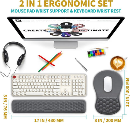 Hokafenle 2 in 1 Ergonomic Mouse Pad Wrist Support & Wrist Rest for Computer Keyboard Set, with Relieve Carpal Tunnel Pain Massage Bulge and Full Memory Gel Design (2In1 Set, Black)