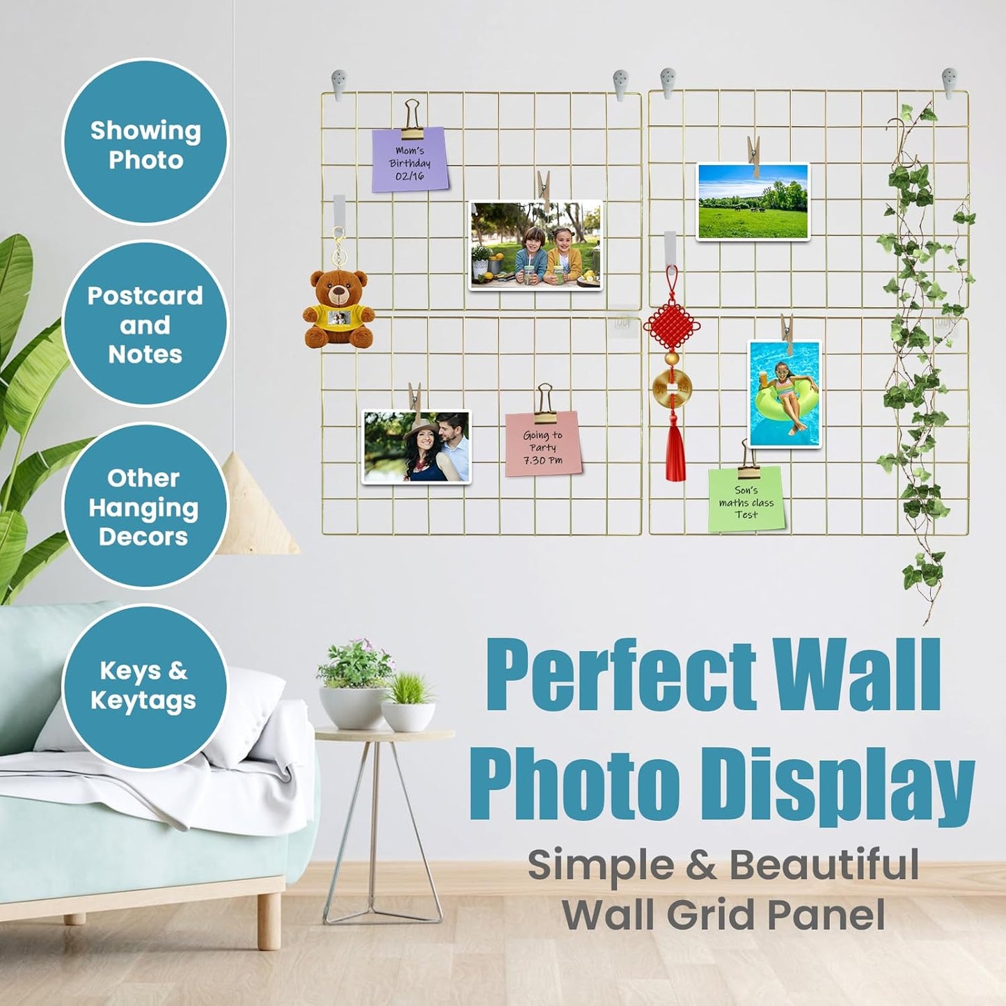 CIKLCIX Metal Grid Wall Panel, Wire Grid Photo Display Organizer, 17.3"×11.8" Gold Wire Board Grid Wall, Grid Picture Frame, 2-Pack Wire Mesh Memo Board With Clips and Hooks