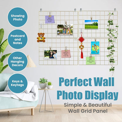 CIKLCIX Metal Grid Wall Panel, Wire Grid Photo Display Organizer, 17.3"×11.8" Gold Wire Board Grid Wall, Grid Picture Frame, 2-Pack Wire Mesh Memo Board With Clips and Hooks