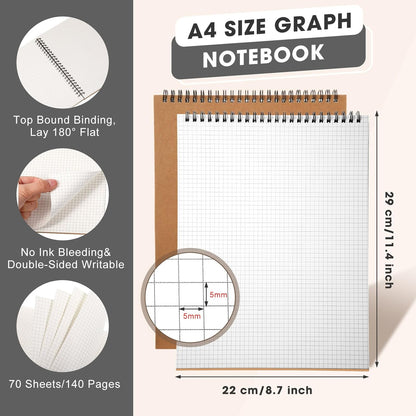 Engrowtic Top Spiral Graph Paper Notebooks 8.7 X11.4 Inch A4 Grid Paper Notepad 70 Sheet Memo Steno Pad for Engineering Writing Sketching Drawing School Office Supplies (1 Pack,Black)