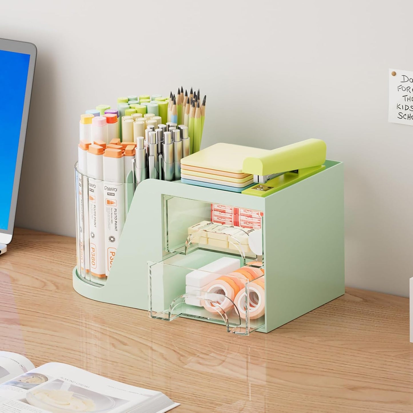Marbrasse Desk Organizer with 2 Drawer, 360°Rotating Pen Holder, Desk Organizers and Accessories with 6 Slots Pencil Holder + 2 Drawer, Art Supply Storage Box Caddy for Office (Black)
