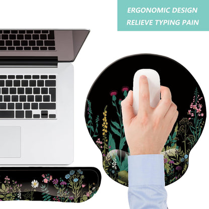 Keyboard Wrist Rest Pad Mouse Pad with Wrist Support Set of 3, Mousepad with Non-Slip Rubber Base, Ergonomic Memory Foam Mouse Wrist Cushion Support for Home Office Laptop Computer Gaming, Forest