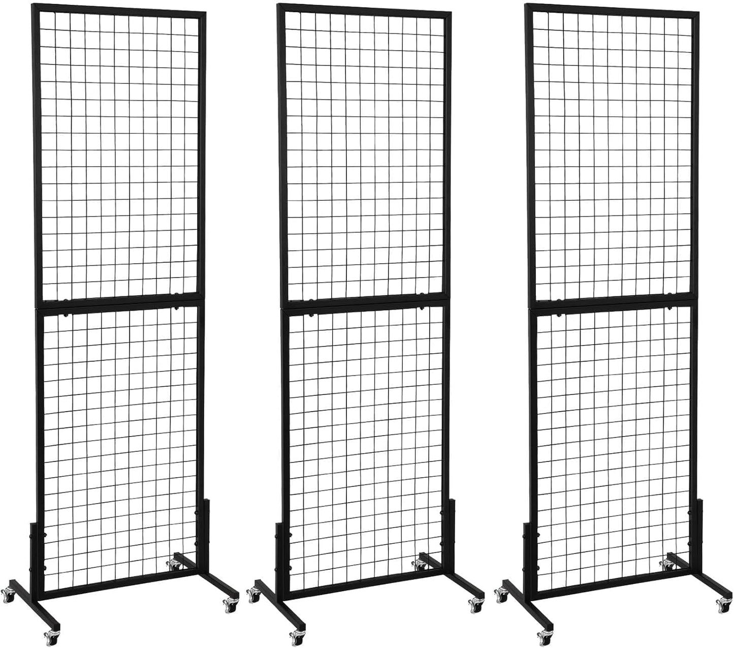 3 Packs 1.8' x 5.7' Grid Wall Panels Standing Wire Grid, Display Rack with T-Base Wheels Freestanding Gridwall Panel Tower for Shows, Black