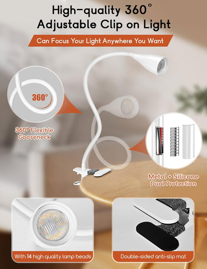 Reading Light for Book in Bed, Clip on Light Reading Lamp with Adapter, 5 Color Modes 10 Brightness, 360° Flexible Eye-Caring Clip on Desk Lamp Book Light for Reading in Bed Headboard Bedside Bedroom
