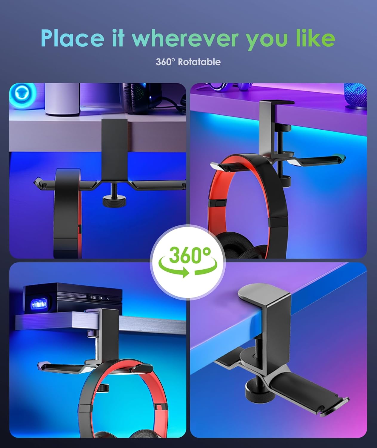 6amLifestyle Dual Rotatable Headphone Stand Hanger Under Desk Clamp Headset Holder Aluminum Load up to 11lb Headset Stand Hanger Compatible with Universal Headphones, Black 6A-13BK